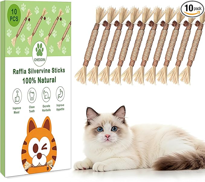 [10 Pack] Silvervine Sticks for Cats, Natural Chew Stick for Dental Care Teeth Cleaning, Cat nip Chew Rope Toys for Bored Indoor Kittens, Catmint Silvervine Blend Toys