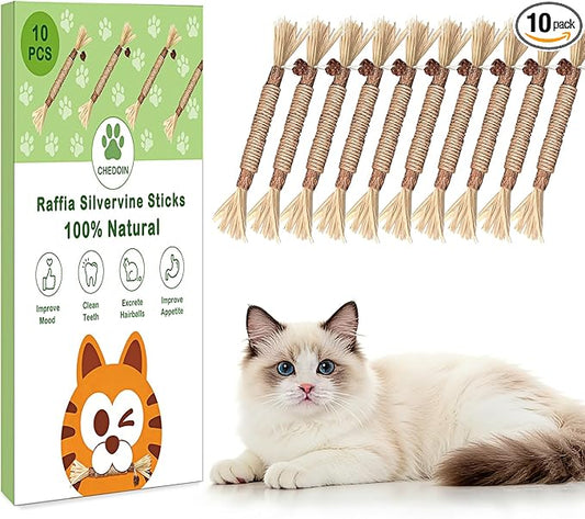 [10 Pack] Silvervine Sticks for Cats, Natural Chew Stick for Dental Care Teeth Cleaning, Cat nip Chew Rope Toys for Bored Indoor Kittens, Catmint Silvervine Blend Toys