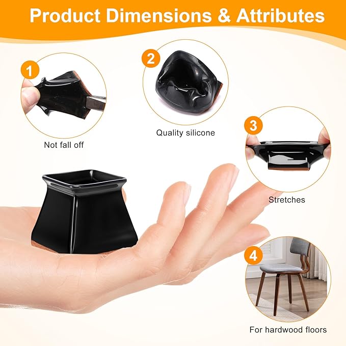 CHUNZEXI 16 Pack Square Chair Leg Floor Protectors for Hardwood Floors, Silicone Felt Covers Pads Caps, Protect Wood Furniture Feet Floors Noise Reduce and Scratch (Square Small & Black)