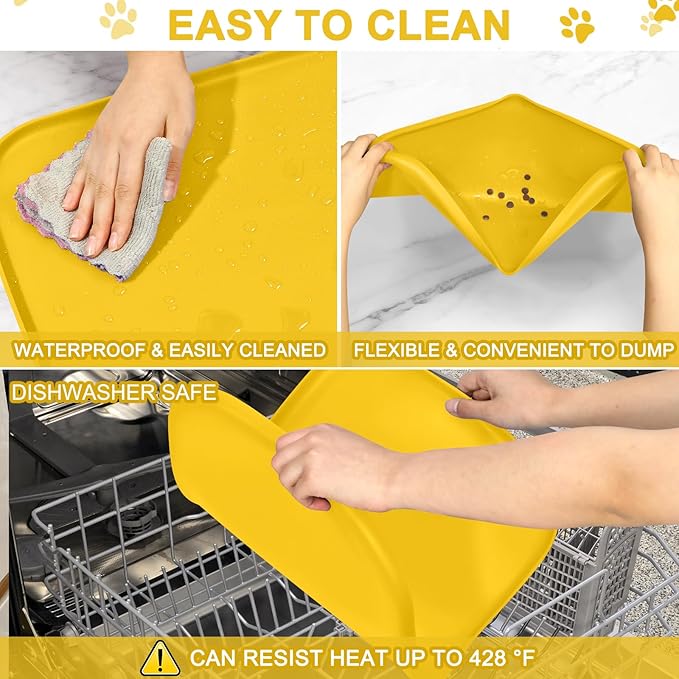 Silicone Pet Food Mat with Raised Edge for Food and Water Bowl, Dog Feeding Mats, Cat Food Trays for Floor Waterproof, Rubber Tray for Dogs and Cats, 19 x 12 x 0.7 Vivid Yellow