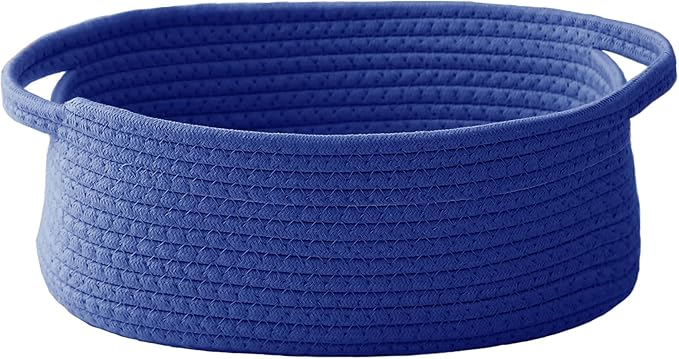 JMvicyroam Woven Basket,Small Rope Storage Bin with Handles & Ribbon Bag, Organizer for Shelves Closets,Gift Basket Empty for Birthday,Books,Dog Toys, Navy Blue