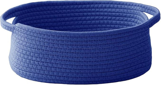 JMvicyroam Woven Basket,Small Rope Storage Bin with Handles & Ribbon Bag, Organizer for Shelves Closets,Gift Basket Empty for Birthday,Books,Dog Toys, Navy Blue