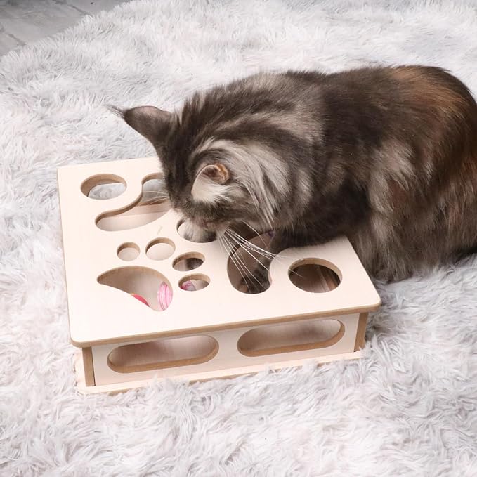 DI BI GRAMAS Cat Interactive Box Puzzle Toy with 3 Small Balls and 1 Bell Indoor Hunting Exercise Toy for Kittens Natural Wood Material