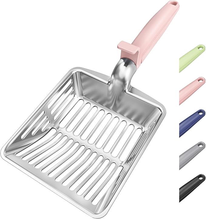 KooMooM Metal Cat Litter Scoop, Large Cat Scooper with Deep Shovel & Dual Sifting Holes for Fast & Precise Sifting, Space Aluminum Kitty Litter Scooper with Long Handle & Easy-to-Hang Hook - Pink