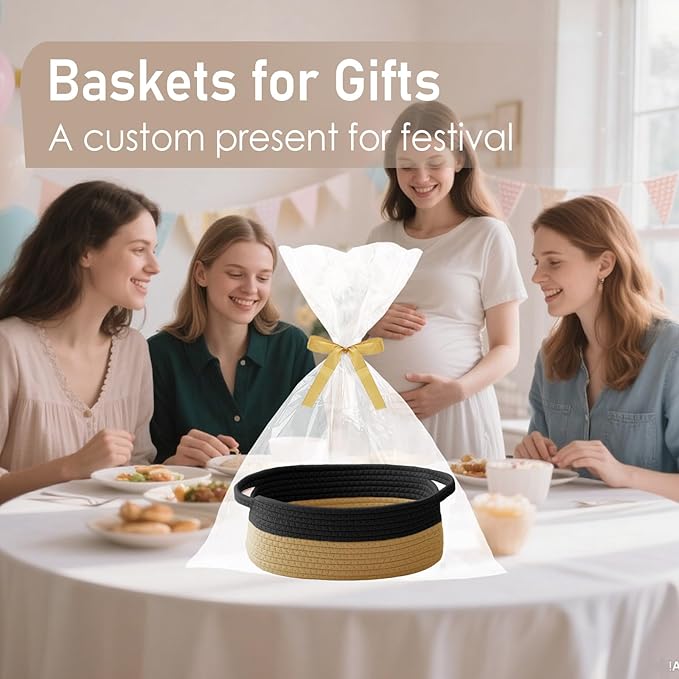 JMvicyroam Woven Basket,Small Rope Storage Bin with Handles & Ribbon Bag, Organizer for Shelves Closets,Gift Basket Empty for Birthday,Books,Dog Toys, Black&Jute
