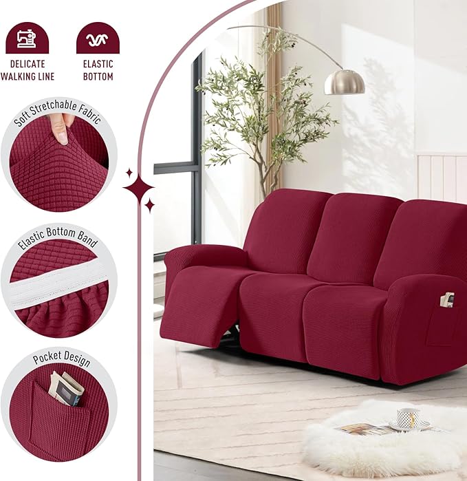 TAOCOCO Recliner Sofa Covers 8-Pieces Stretch Large Couch Covers for 3 Seats Reclining Slipcovers Soft Jacquard Pattern Furniture Protector (Burgundy)