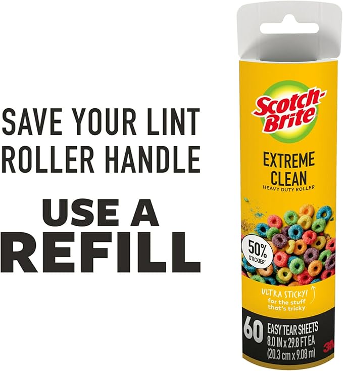 Scotch-Brite 50% Stickier Large Surface Roller Refill, Works Great On Pet Hair, 60 Sheets - Pack of 4