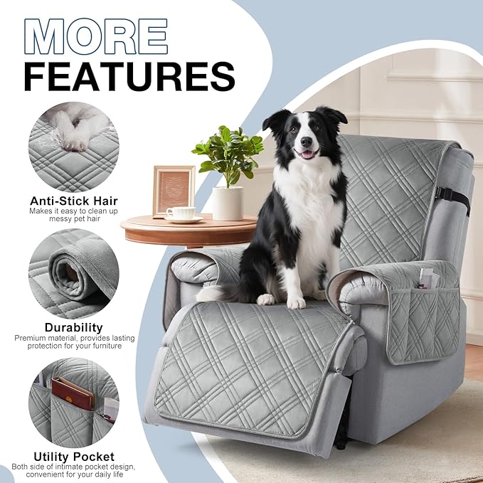 TAOCOCO 100% Waterproof Recliner Chair Cover, Recliner Covers for Recliner Chair with Pocket, Non Slip Reclining Chair Cover Furniture Protector for Kids, Pets(23.6'', Light Grey-Velvet)