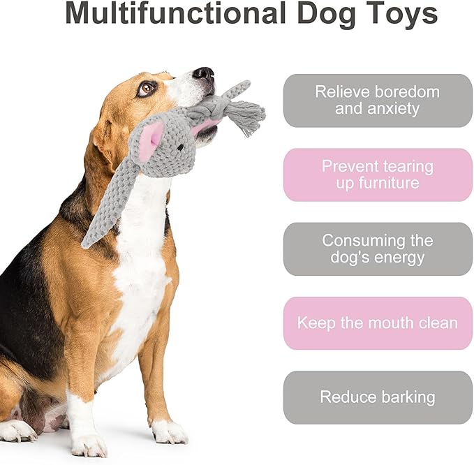 TONYFY Dog Toys, Dog Squeaker Toys with Crinkle Paper, Stuffed Animal Dog Plush Chewing Toy, Cotton Rope Interactive Toys for Puppy, Small, Middle Dogs (Gray Rabbit)