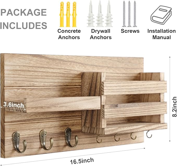 Lwenki Mail Organizer for Wall Mount – Key Holder with Shelf Includes Letter Holder and Hooks for Coats, Dog Leashes – Rustic Wood with Flush Mounting Hardware (16.5” x 8.7” x 3.5”) (Wood)