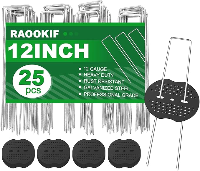 RAOOKIF Landscape Staples 12 Inch, 12 Pcs Galvanized Landscape Stakes with 12 Pcs Gaskets, 11 Gauge Heavy Duty U-Shaped Garden Staples for Weed Barrier Fabric, Tent, Lawn, Fence, Outdoor Decor