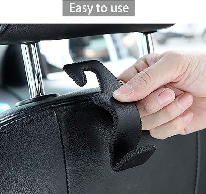 Headrest Hooks for Car, Back Seat Organizer Black Leather Hanger Holder Hook, for Hanging Purses and Bags and Coats, Pack of 4