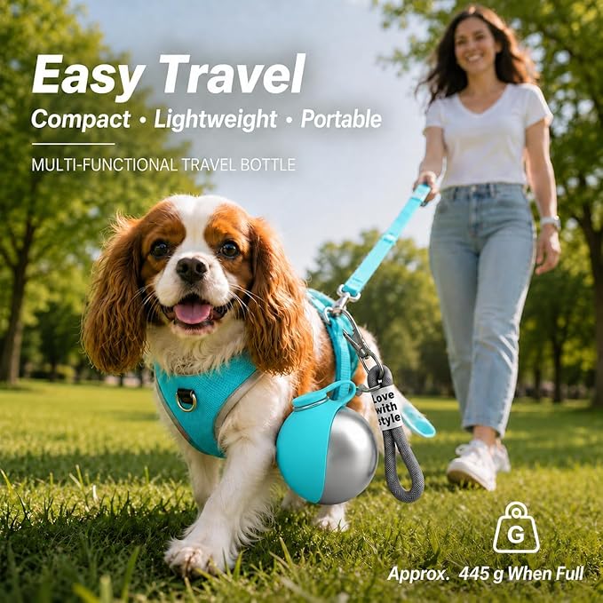 Portable Dog Water Bottle, 10 oz Stainless Steel Pet Travel Dispenser with Silicone Foldable Bowl, Leak Proof Tumbler, Dog Walking Accessories for Hiking and Small Pets (Blue)