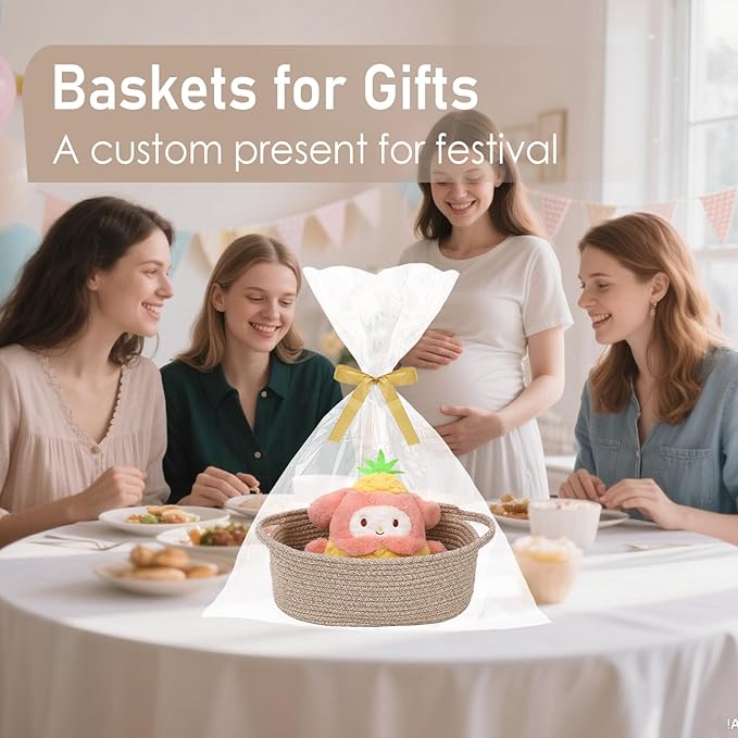 JMvicyroam Woven Basket,Small Rope Storage Bin with Handles & Ribbon Bag, Organizer for Shelves Closets,Gift Basket Empty for Birthday,Books,Dog Toys,Oatmeal
