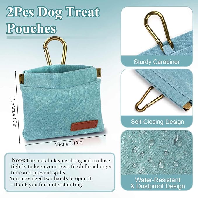 2Pcs Dog Treat Pouches for Pet Training, Hand Free Puppy Dogs Treat Bag with Carabiner, Portable Auto Closing Pet Dog Walking Bag for Travel or Outdoor Use, Pets Feed Snack Reward Pocket- Green