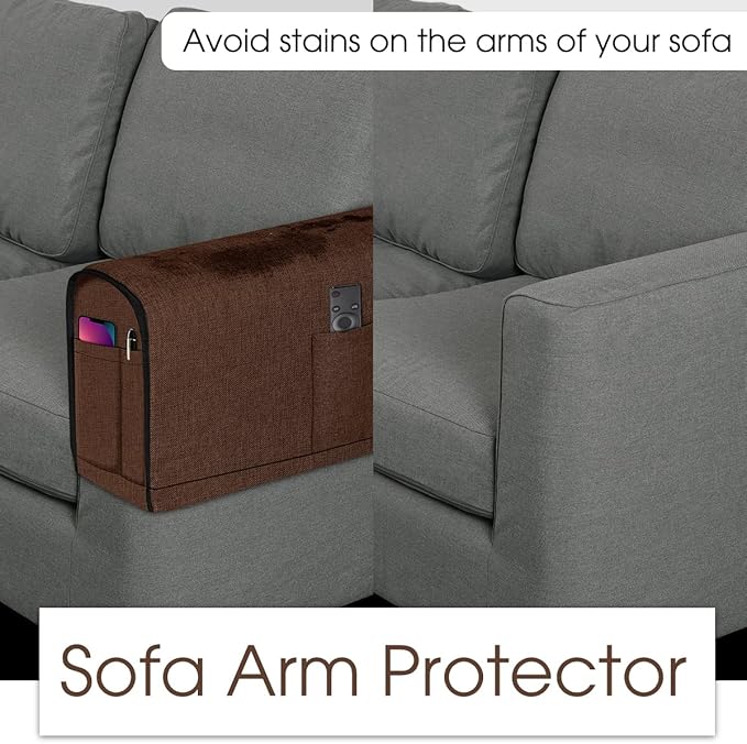 Joywell Recliner Armrest Covers for Living Room Anti-Slip Sofa Arm Protector for Dogs, Cats, Pets Armchair Slipcover for Couch with 4 Pockets for TV Remote Control, Phone, Set of 2, Brown