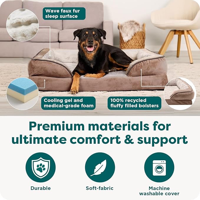 Furhaven Cooling Gel Dog Bed for Large Dogs w/ Removable Bolsters & Washable Cover, For Dogs Up to 95 lbs - Plush & Velvet Waves Perfect Comfort Sofa - Brownstone, Jumbo/XL