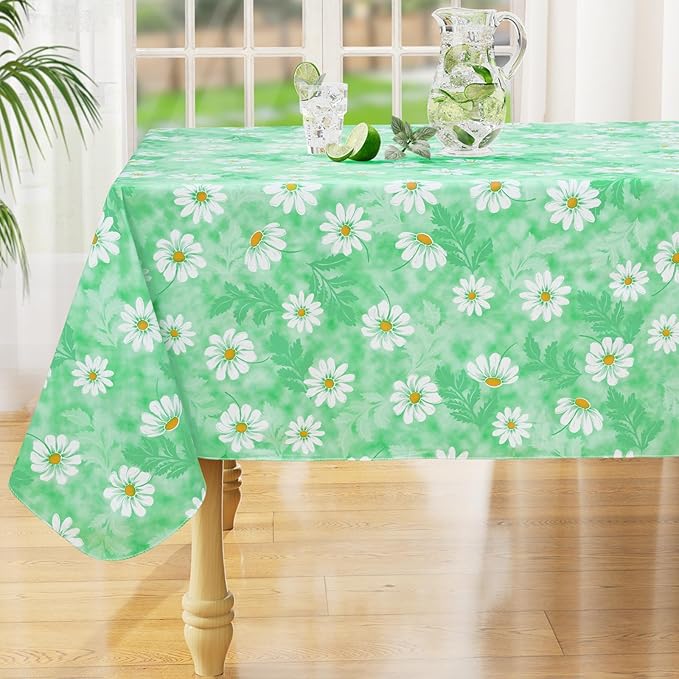 misaya Rectangle Waterproof Vinyl Table Cloth, Wipeable Tablecloth with Flannel Backing, Plastic Table Cover for Dinner, Picnic, Indoor and Outdoor (Green Daisy, 54" x 78")
