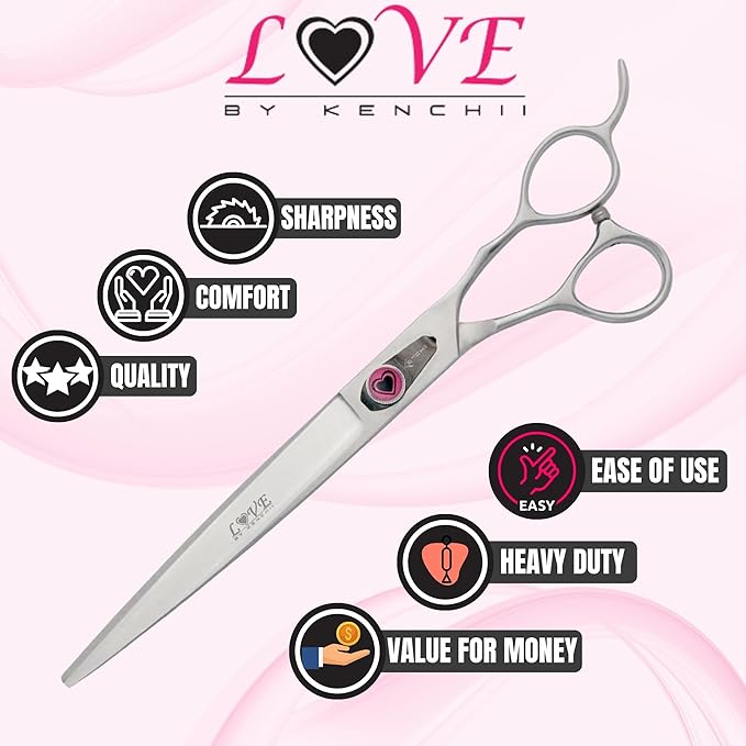 Kenchii Love Left Handed Dog Grooming Scissors, 8 Inch Curved Shears, Dog Scissors for Grooming, Professional Pet Grooming Scissors, Ergonomic & Comfortable