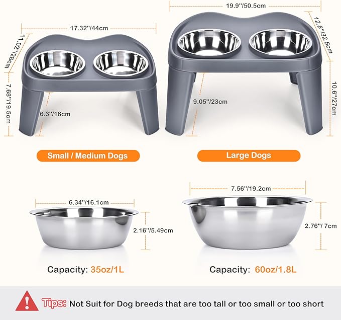 Petizer Large Sized Elevated Dog Bowls, No Spill Raised Height Stand Dog Feeder with 2 Thick 60OZ Stainless Steel Food and Water Bowl Set, Grey, for Medium Large, Food Dishes with Non-Slip Feet