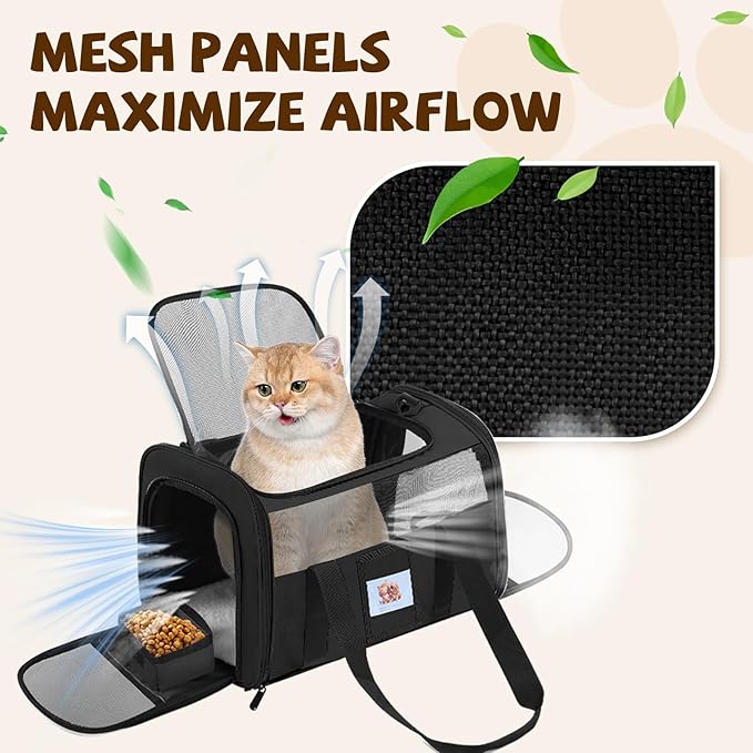 FOORLON Cat Carrier Soft for Pets Up to 15 Lbs, Cat Travel Bag with Padded Shoulder Strap and Detachable Cat Food Bowl, Pet Dog Carriers for Small Dogs Travel Puppy Carry Airline Approved, Black
