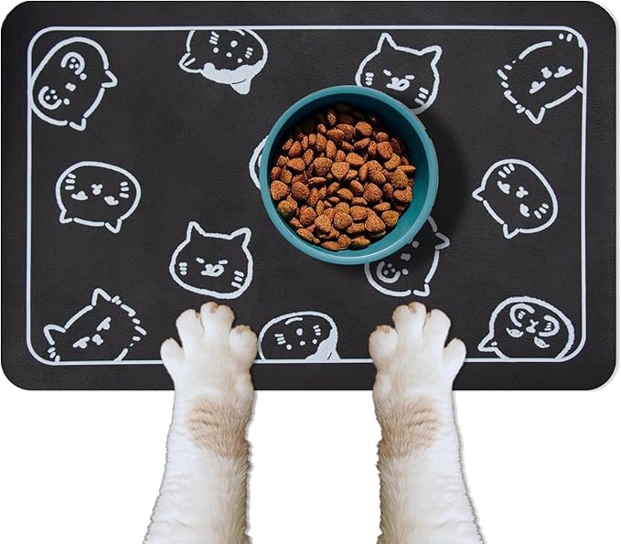 YCT Cat Food Mat for Pet Dogs - Non Slip Super Absorbent, with Multiple Cat Heads Logo, 18.1 x 11.8 Inches, Black
