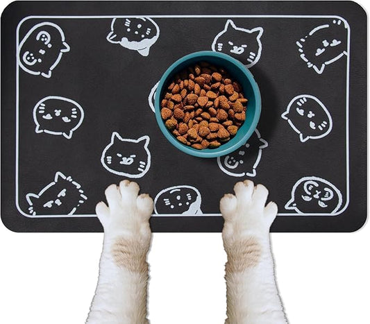 YCT Cat Food Mat for Pet Dogs - Non Slip Super Absorbent, with Multiple Cat Heads Logo, 18.1 x 11.8 Inches, Black