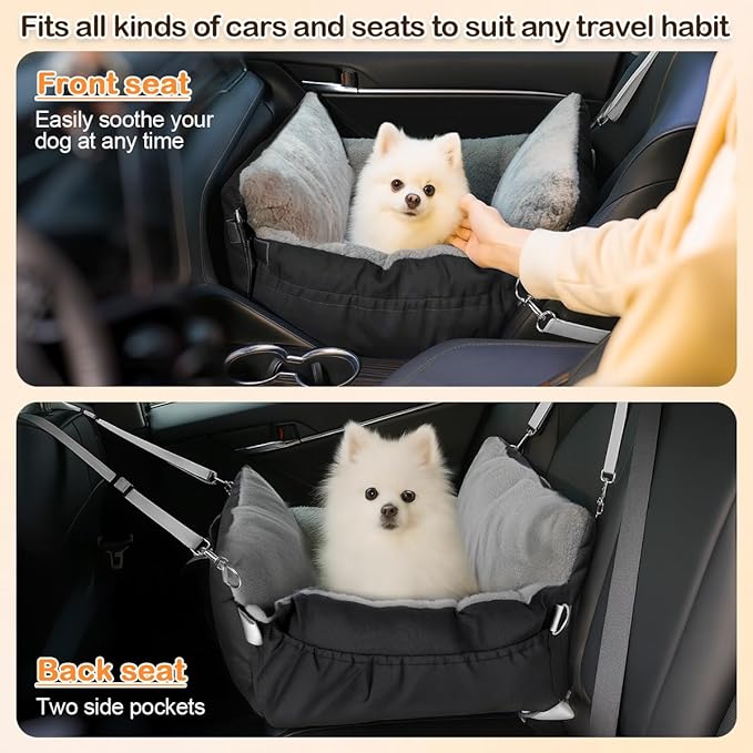 Dog Car Seat for Small Dogs – Pet Safe Soft Booster Car Seat with Side Flaps, Nonslip Base & Clip-On Leash, Storage, Portable Travel Bed Puppy Bags for Outdoor, Holds Up to 25 lbs, Black