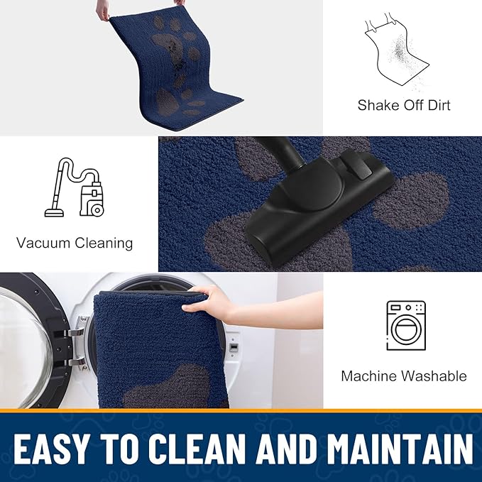 Smiry Dog Door Mat for Muddy Paws, Absorbs Moisture and Dirt, Low-Profile Entryway Mat with Non-Slip Backing, Entry Indoor Outdoor Doormat for Inside Floor (30x20 Inches, Navy Blue, Paw)