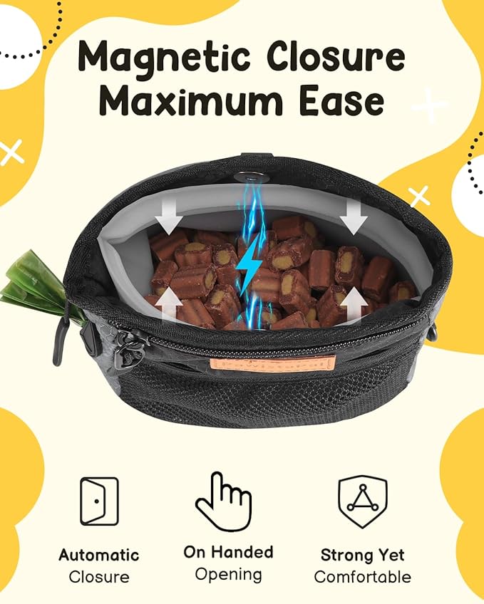 Dog Treat Pouch for Pet Training, One-Hand Magnetic Closure, Hands-Free Treat Bag with Silicone Liner, No Mess No Smell