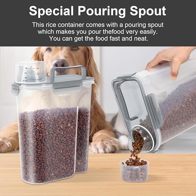 LEAWALK 5-7Lbs Cat Dog Storage Container, Portable Pet Food Containers with Upgraded Large Spout and Cup, Small Animal Kibble Dispenser for Bird Seed, Oatmeal, Rice, Flour (1, Clear Gray, 5L)