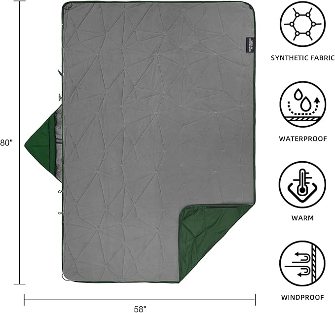 KawaGebo Kamp Outdoor Waterproof Blanket, Foldable Fleece Stadium Blanket for Outdoor Sports Event, Camping, Car, Pet, Picnics - Windproof, Wearable, Machine Washable 80" x 58" (Green,Hooded)