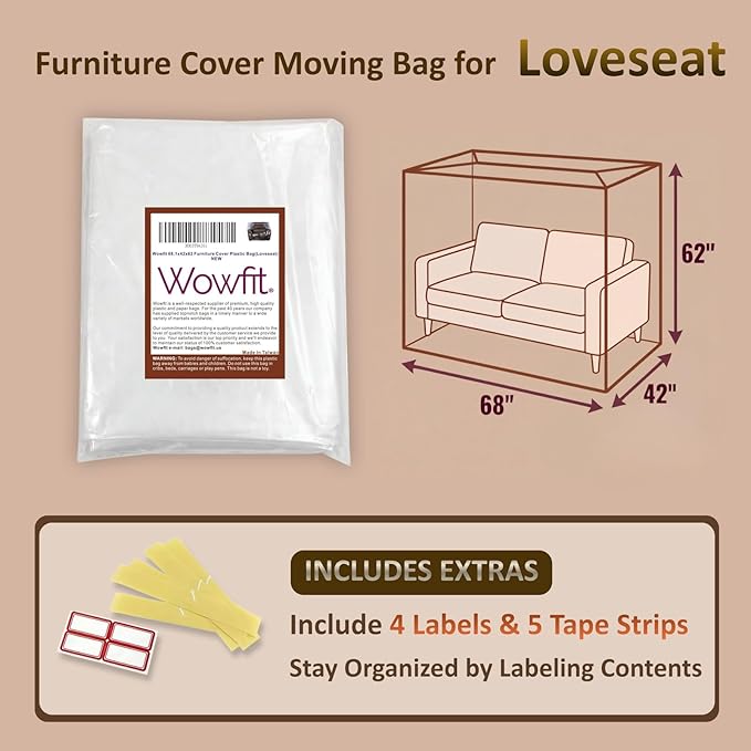 Wowfit Furniture Cover Dust-Proof Moving Bag for Loveseat, Sofa & Boxes – Clear, Odorless Plastic - 4mil-Thick – 68.1W x 42D x 62/41H Inches