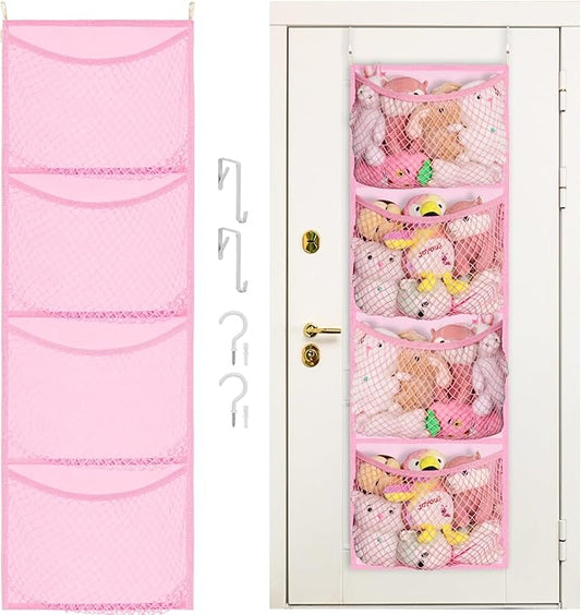 Over The Door Stuffed Animal Storage, Cotton Toy Organizer for Storage Plush Toys,Baby Supplies, Stuffed Animal Holder with 4 Large Pockets, Hanging Door Organizer for Nursery, Bedroom (Pink)