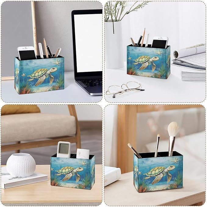 Famame Vintage Ocean Sea Turtle Starfish Pencil Holder for Desk, Leather Desktop Container Pen Cup Storage Study Table Pen Organizer Makeup Brush Holder for Classroom Office Home