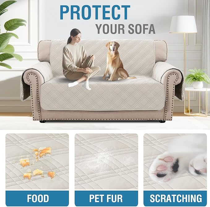 H.VERSAILTEX 100% Waterproof Couch Cover 2 Cushion Sofa Modern Sofa Covers Waterproof and Washable Thick Soft Couch Cover for Dogs with Elastic Straps (Loveseat, French Oak/Beige)