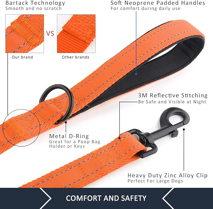 Plutus Pet Dog Leash 6ft Long,Traffic Padded Two Handle,Heavy Duty,Reflective Double Handles Lead for Control Safety Training,Leashes for Large Dogs or Medium Dogs,Dual Handles Leads(Orange)