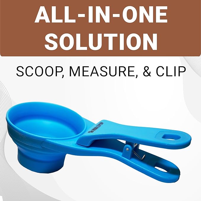 MeasureMate Pet Food Scoops with Bag Clip for Dog and Cat - 3-in-1 Multi-Function Collapsible Food Measuring Cup - 1/2 Cup Capacity, 4oz, Blue - Dishwasher Safe