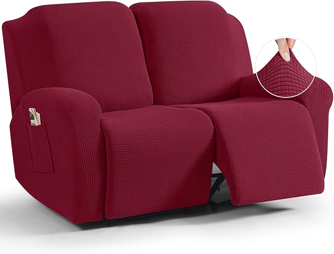 TAOCOCO Recliner Loveseat Slipcover, 6 Pieces Dual Recliner Sofa Covers for 2 Seat Dual Reclining Loveseat Couch, Stretch Soft Jacquard Pattern Furniture Protector with Elasticity (Burgundy)