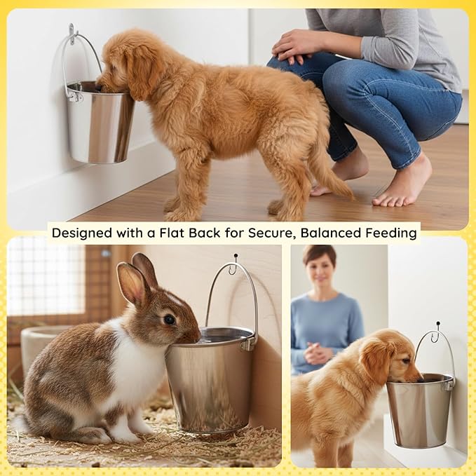 AASPIRE PETS 4 quart Stainless Steel Flat Side Bucket | 1 gal Durable Heavy Duty Food & Water Feeding Pails for Birds Dogs Cats Goat | Fits kennels Cages Critter Crates Hanging Pet Pail | Multipurpose