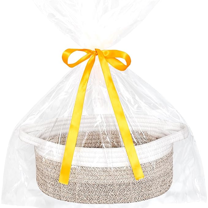 ABenkle Small Basket with Gift Bags and Ribbons, Empty Gift Baskets for Mother's Day, Decorative Boho Rope Woven Nursery Storage Organizer Toy Baskets with Handle for Baby Showers, 12"X 8" X 5"