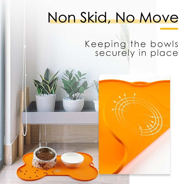 Super Design Dog Food Mat Dog Bowl Mat for Food and Water Silicone Non Spill Cat Feeding Mat Puppy Placemat Waterproof - 20.5" x 14.5", Orange