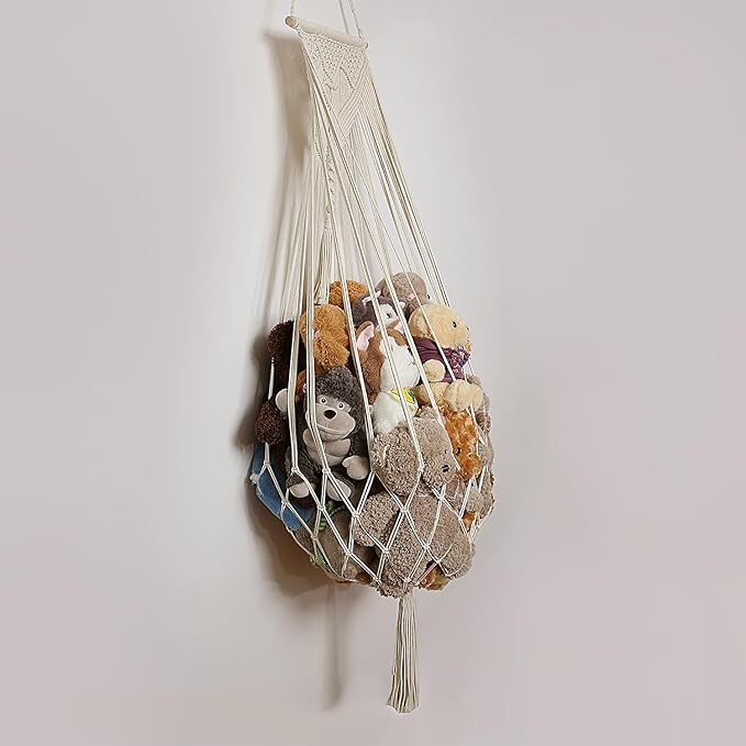 Stuffed Animal Net or Hammock Wall Hanging Net Over Door Organizer for Stuffies Plush Toy Storage Boho Macrame Toy Display Nursery Bedroom Decor Stuffy Animal Toy Organizer (Cream)