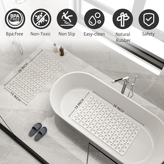 XIYUNTE Shower Mat Non Slip Bath Mat for Tub - 28" x 15" Soft TPE Bathtub Mat Non Slip Shower Mats for Inside Shower, Anti Slip Shower Mat with Suction Cups, Quick-Drying Bath Tub Mat, White