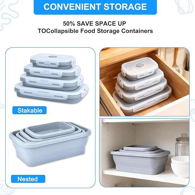 4 Set Collapsible Food Storage Containers Silicone Lunch Container with Lids Collapsible Lunch Box Food for Camper Leftovers Snacks Meals Dorm Kitchen Microwave Dishwasher and Freezer Sky Blue