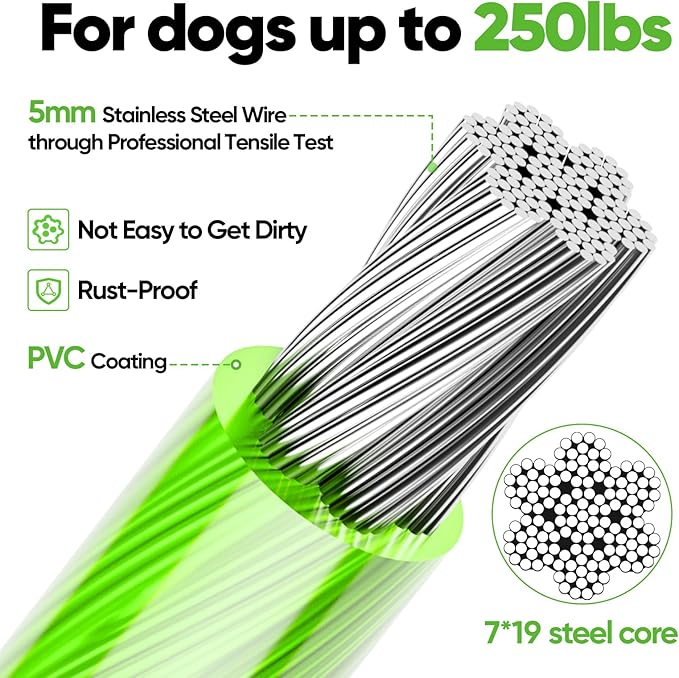 Tresbro 20FT Reflective Tie Out Cable for Dogs Up to 250 Pounds, Steel Wire Dog Leash Cable with Stainless Rotatable Buckle, Lightweight and Enduring, Dog Chains Outside for Outdoor Yard, Green