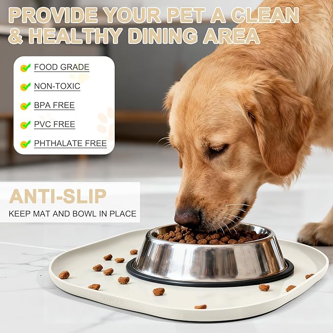 SMILOOL Small Silicone Pet Food Mat with Raised Edge for Food and Water Bowl, Square Dog Feeding Mats, Cat Food Trays for Floor Waterproof, Rubber Tray for Dogs and Cats, 12 x 12 x 0.7 White Sand