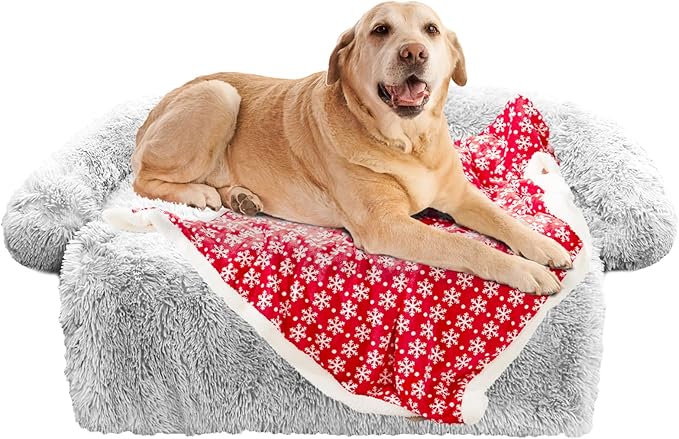 GGIB Calming Dog Bed Christmas Throw Blanket Fluffy Plush Dog Mat Furniture Protector Decoration Holiday Throw Sofa Couch Cover Large Medium Small Dogs Cats (Extra Large, Light Grey)