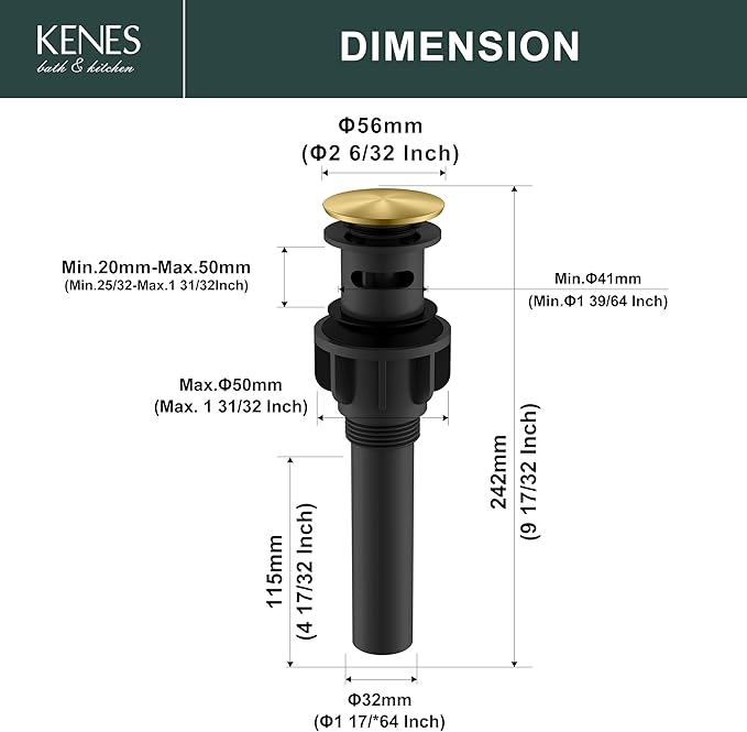 KENES Brushed Gold Pop Up Bathroom Sink Drain with Overflow, Bathroom Sink Drain Assembly with Strainer Pop Up Drain, Lavatory Bathroom Vanity Sink Pop Up Drain Stopper