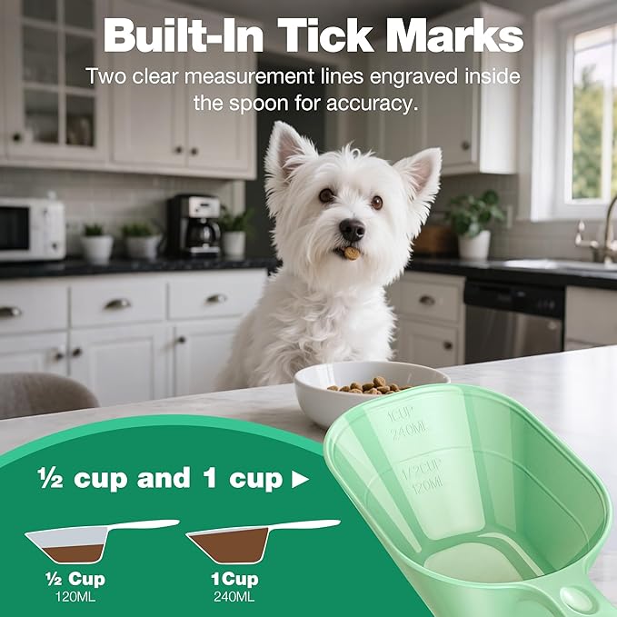 Fenenik Pet Food Scoop 2 Pack, Dog Cup Capacity Cat Food Scooper With Measuring Lines For Dog, Puppy and Cat Coffee Bean, Flour Scoop Light Green